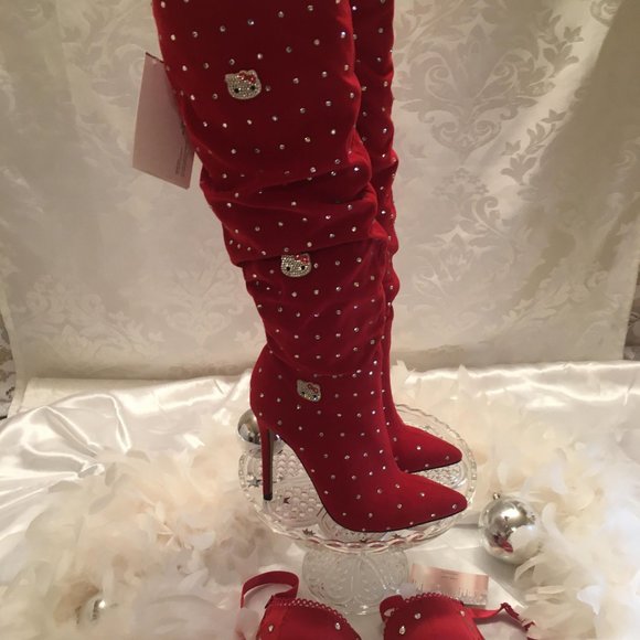 COPY - GORGEOUS cherry red y2k velvet boots covered in crystals and hello kitty… - Picture 8 of 9